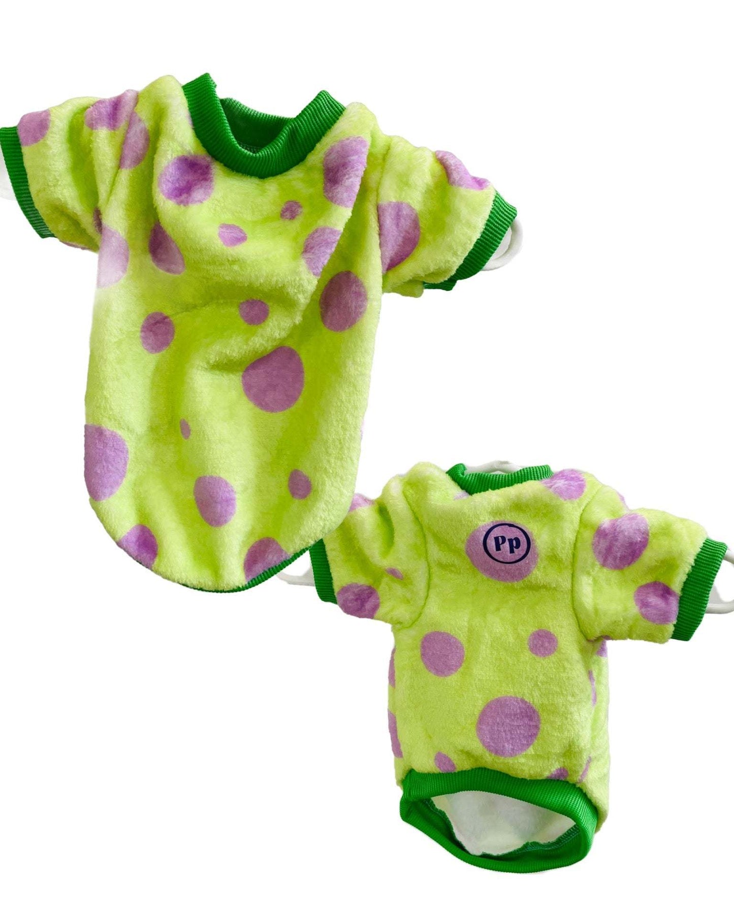 Small dog snuggle sweater in green plush fabric with purple polka dots and green trim