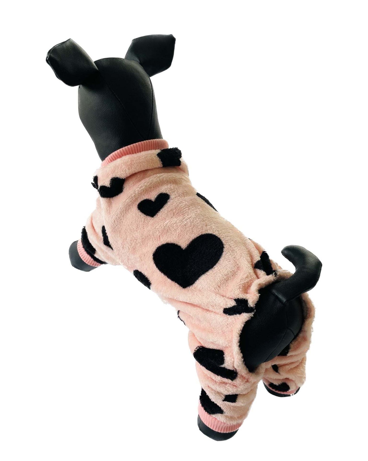 Fluffy Dog Onesie in pink with black hearts, cozy and soft dog outfit for warmth and comfort.