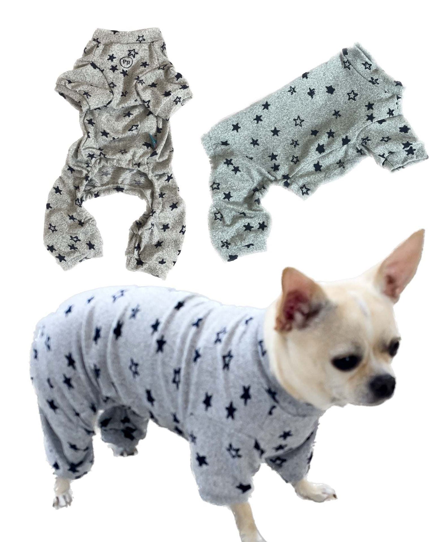 Small dog pyjamas with playful star design, providing comfort and warmth for small breeds.