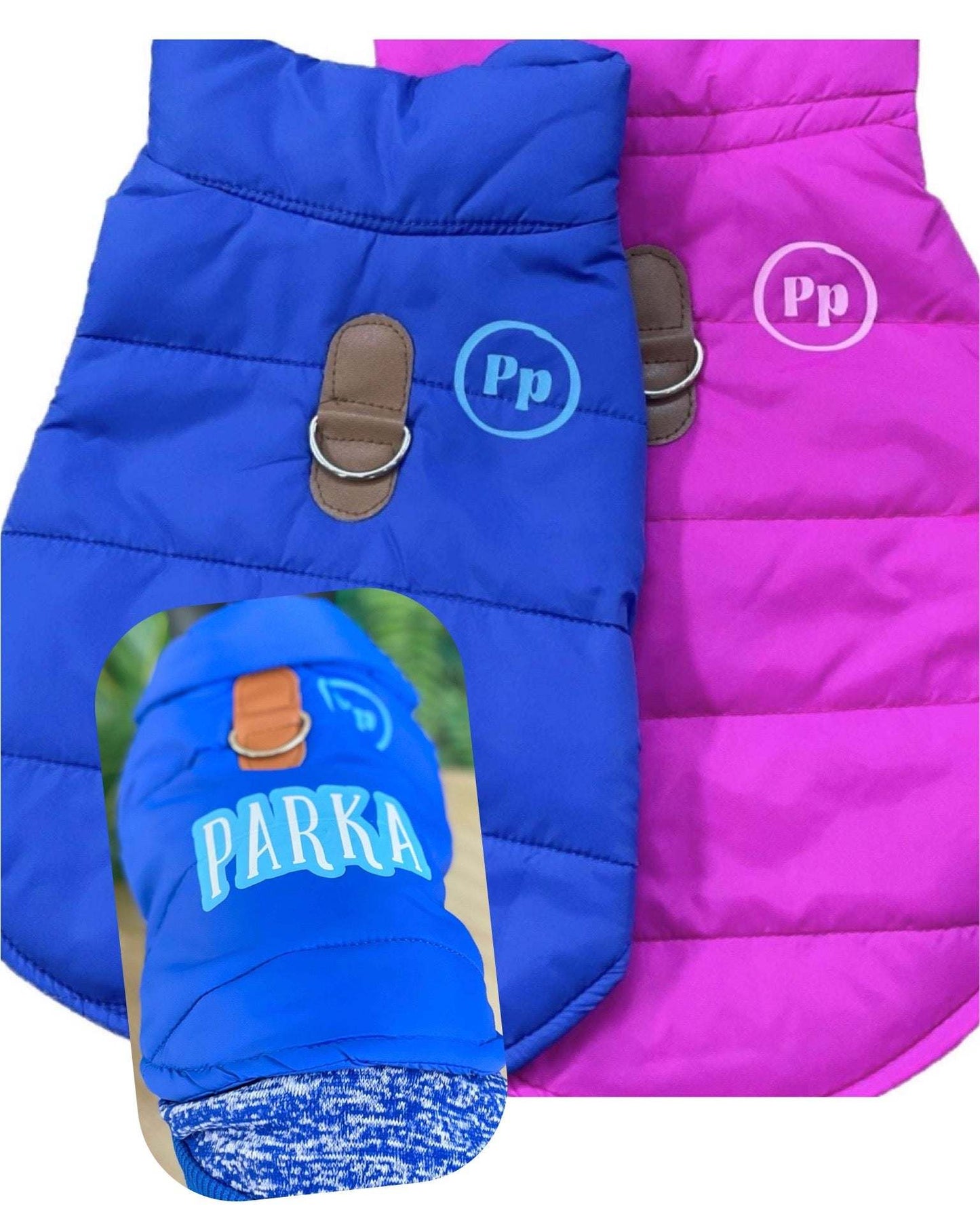 Personalised dog coat for small dogs, lightweight and insulated all-day wear jacket in blue and pink colors.