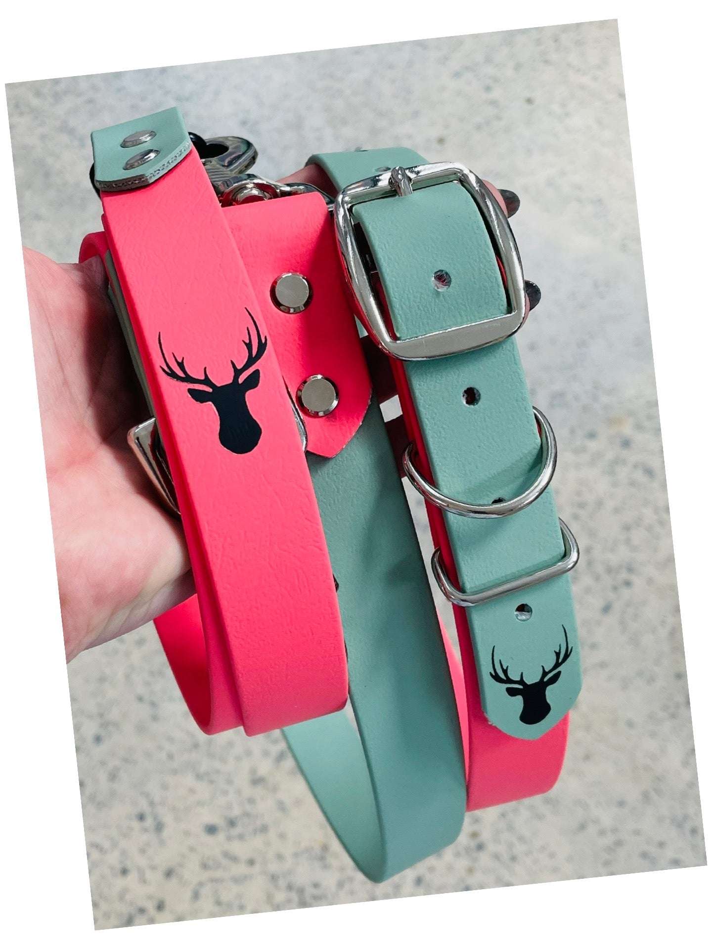 Handmade Biothane dog collar and leash set for medium to large dogs with durable, waterproof material and stylish design.
