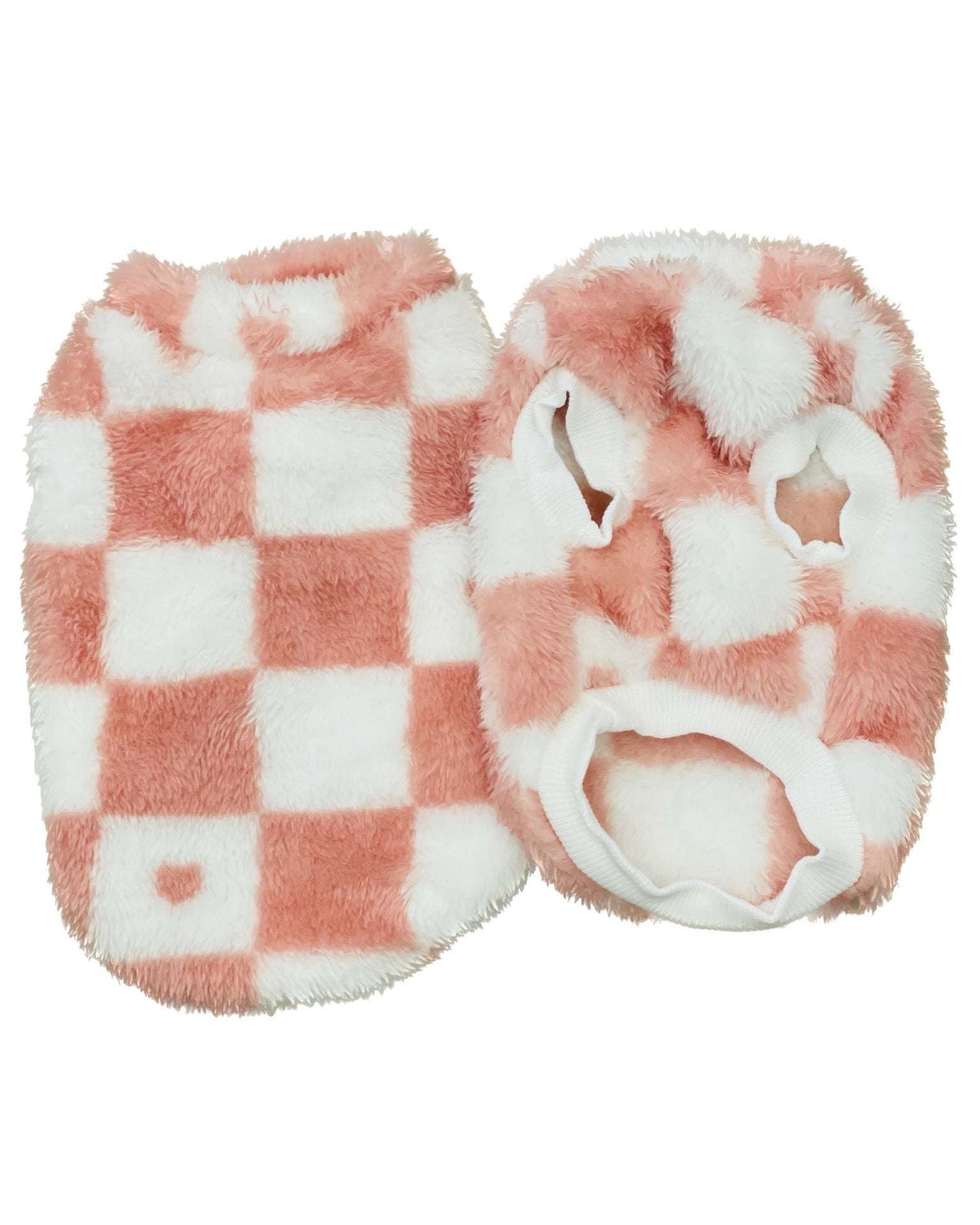 Fluffy Dog Vest in pink and white checkered design, soft and cozy for pets.