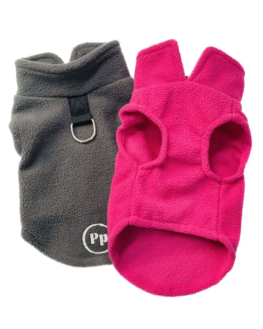 Small fleece dog sweater vest in gray and pink for cozy warmth and style