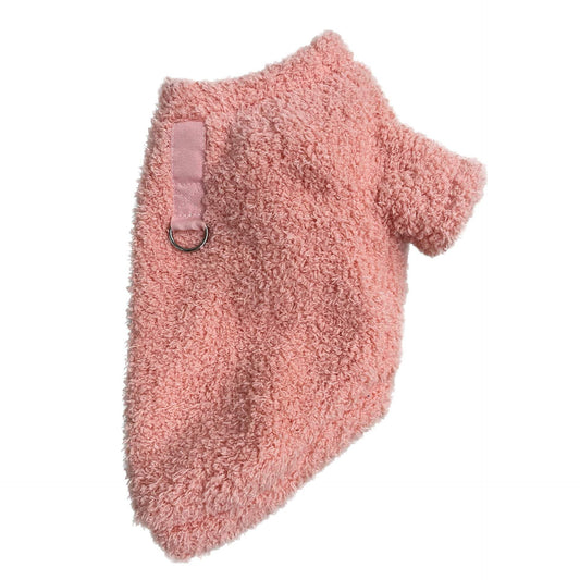 Small pink plush small dog winter sweater with D-ring for leash attachment