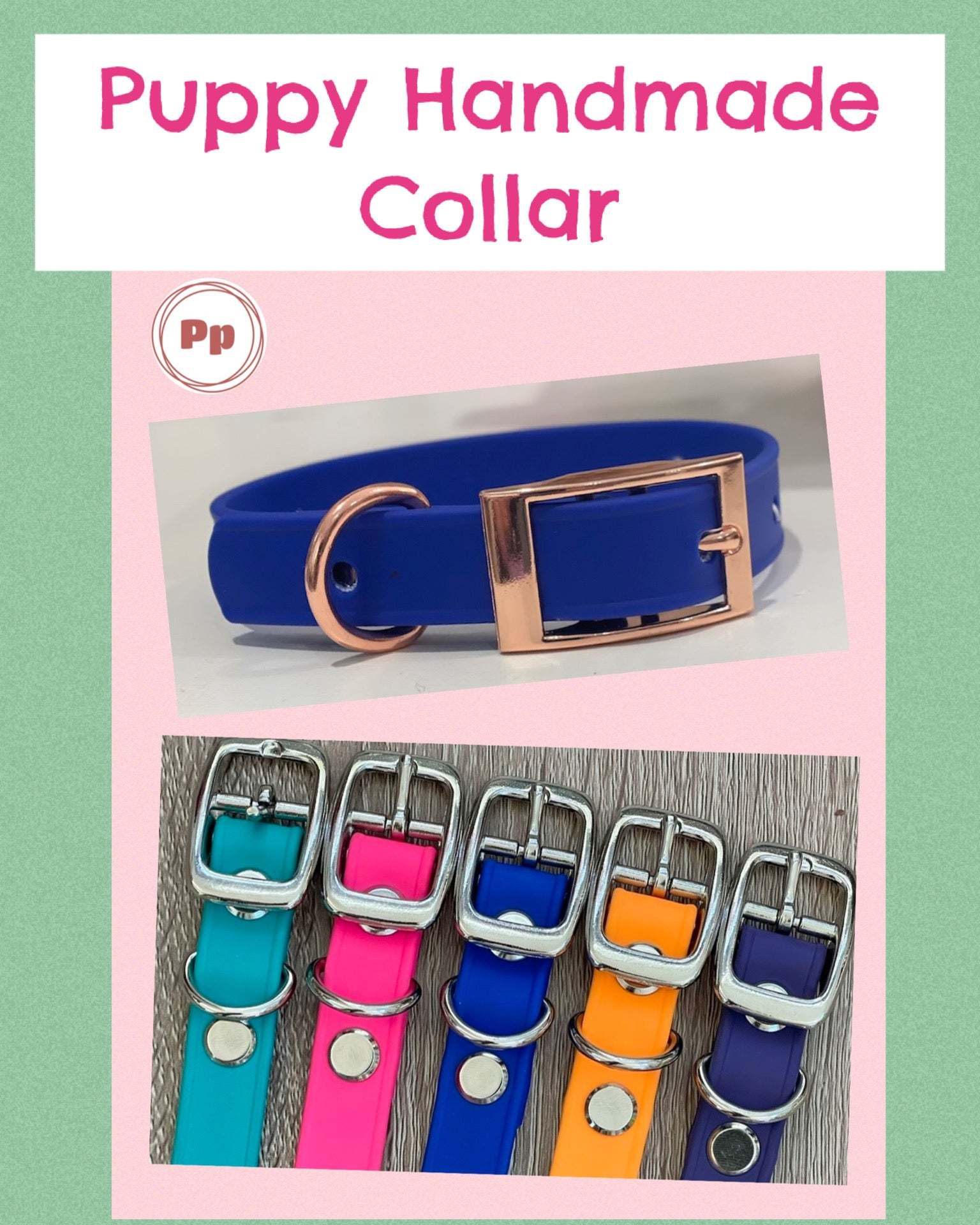 Puppy Handmade Biothane Collars for Small Dogs in various colors with metal buckles.