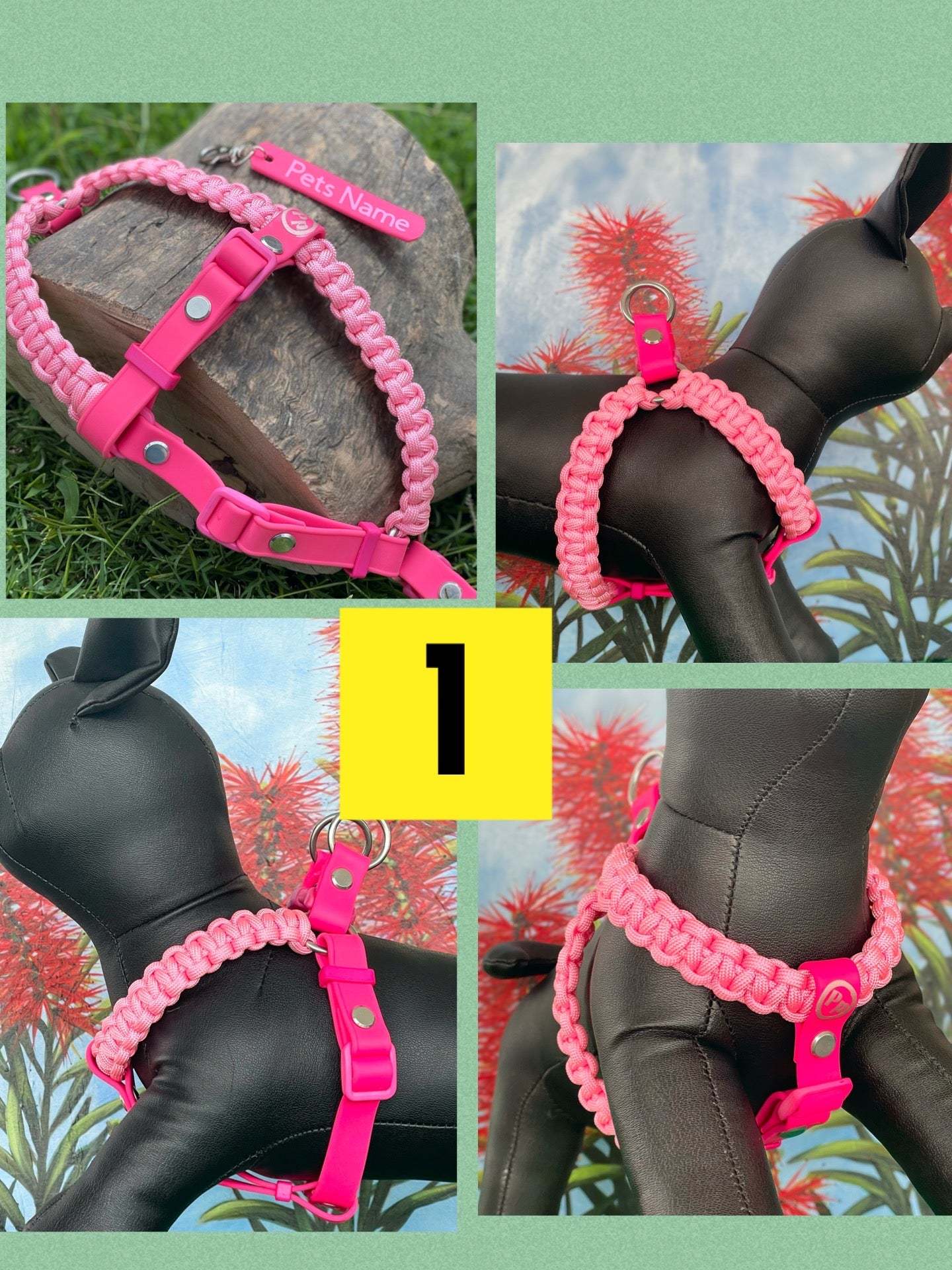 Australian Made Dog Harness for Australia Day celebration, shown on a dog mannequin, highlighting vibrant pink design and sturdy craftsmanship.