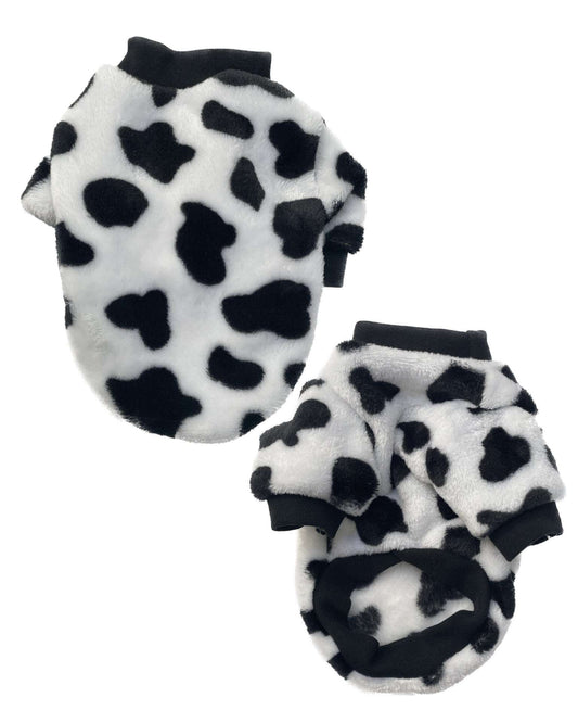 Small dog snuggle sweater in black and white plush cow print with black trim