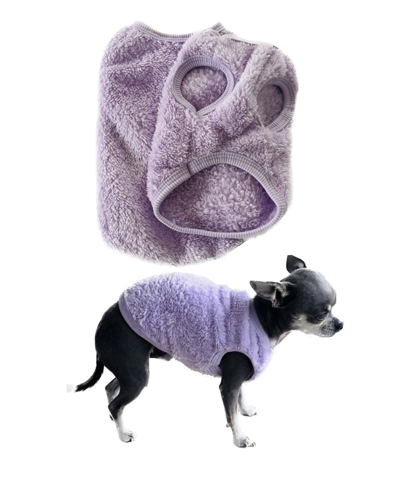 Small dog fluffy vest in soft lavender fleece with cozy design, shown worn by small black and white dog