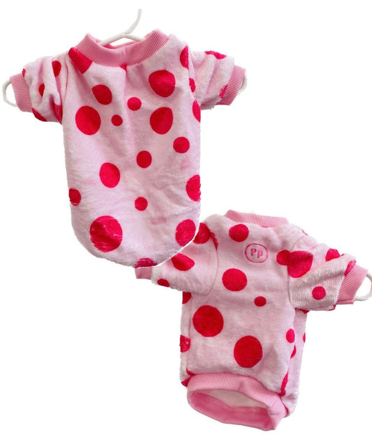 Small Dog Snuggle Sweater soft velvety pink with red polka dots cozy pet outfit