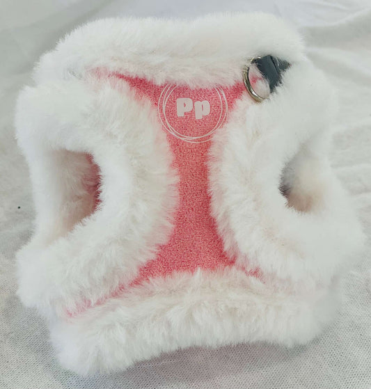 Pink and white soft fluffy Chihuahua harness for tiny puppies with secure buckle and leash ring