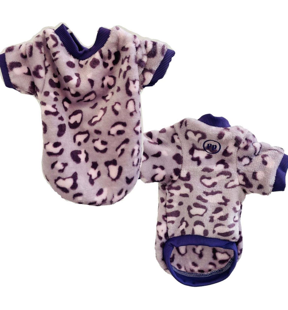 Small dog snuggle sweater in soft plush fabric with leopard print and purple trim