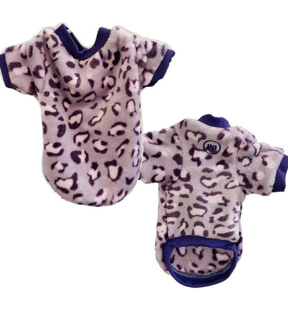 Small dog snuggle sweater in soft plush fabric with leopard print and purple trim