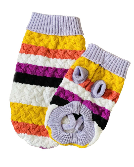 Multi-coloured knit dog sweater with thick, soft fabric and ribbed neck for warmth and comfort.