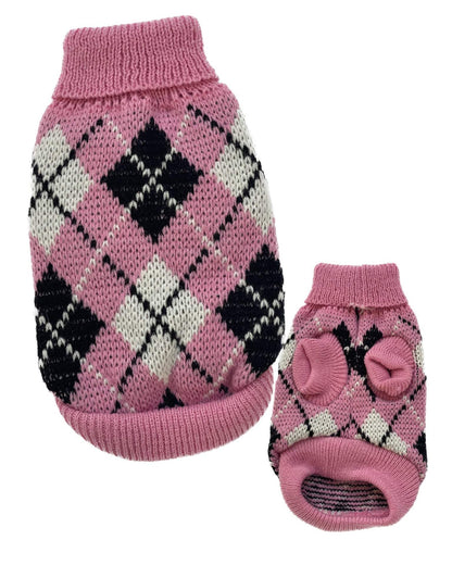 Pink and black argyle small dog knit sweater for cozy pet fashion