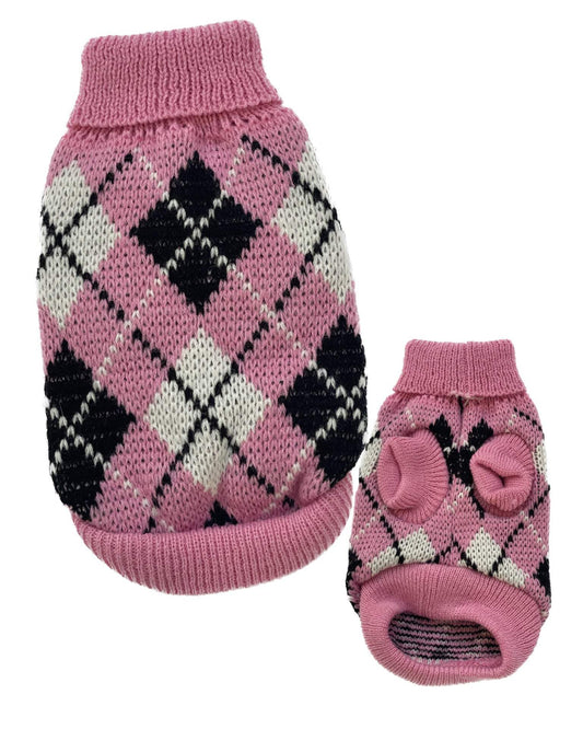 Pink and black argyle small dog knit sweater for cozy pet fashion
