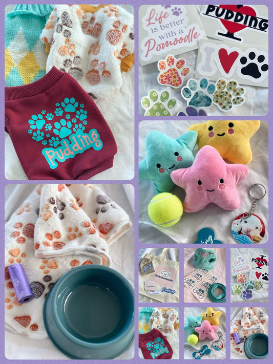 Personalised Pooch Pack with custom dog apparel, harness, collar, cozy blanket, personalized dog bowl, fun toys, ID tag, key chain, pet name label, and stickers in a canvas carry bag.