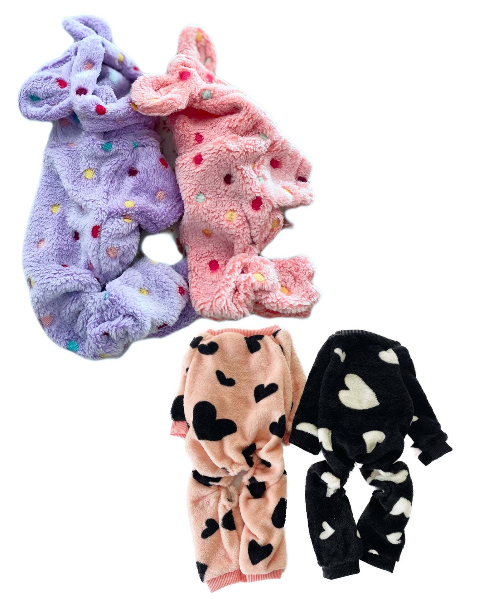 Fluffy dog onesie in multiple colors with heart and polka dot designs.