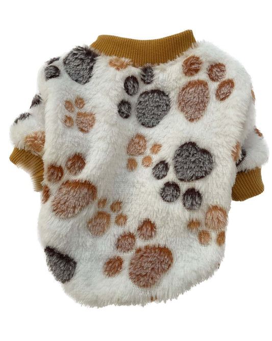 Small Dog Snuggle Sweater in plush fabric with paw print design for warmth and comfort
