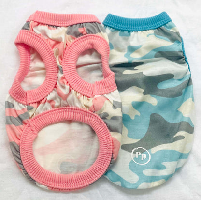 Two lightweight Chihuahua puppy vests in pink and blue camouflage with ribbed trim for comfort and style