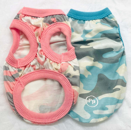 Two lightweight Chihuahua puppy vests in pink and blue camouflage with ribbed trim for comfort and style