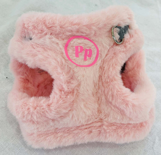XXXS soft pink plush chihuahua harness with secure metal ring for tiny puppies