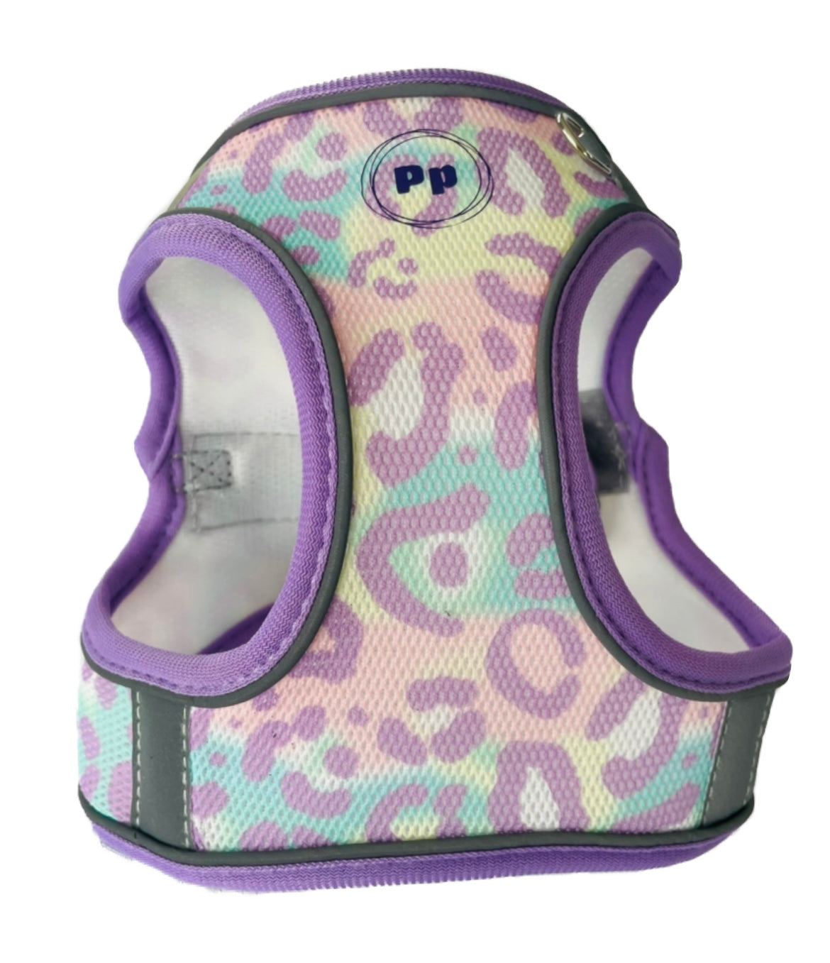 Small dog step-in leopard print harness with breathable fabric and reflective safety strips
