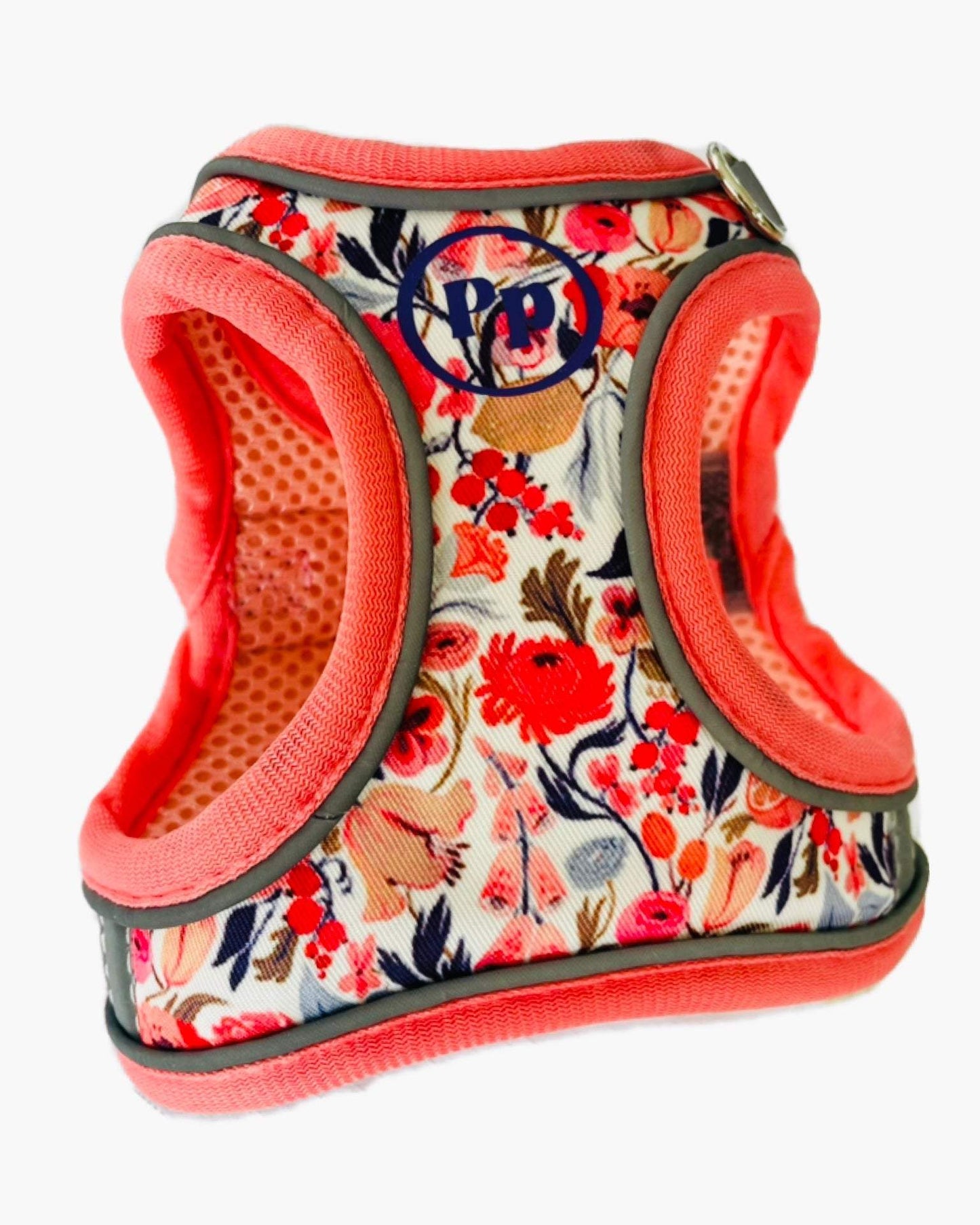 Small dog step-in floral harness with breathable soft material and reflective strips for safety