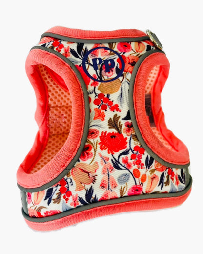 Small dog step-in floral harness with breathable soft material and reflective strips for safety