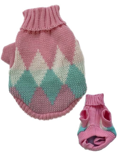 Pink small dog knit sweater with white and teal diamond pattern and turtleneck collar