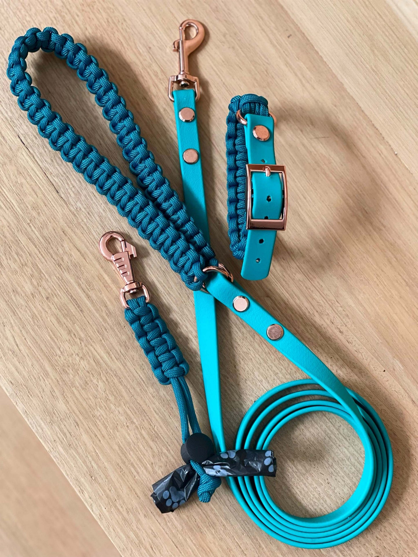 Small dog collar set with leash and poop bag holder, handmade in Melbourne, featuring lightweight biothane and rose gold hardware.