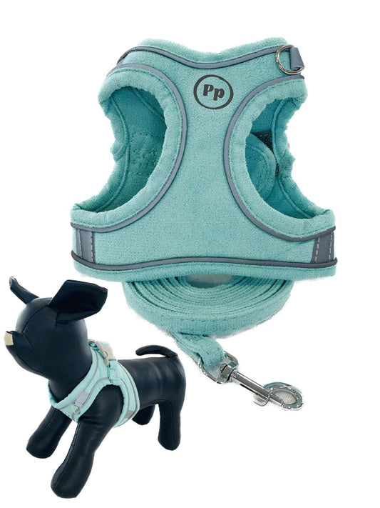 Luxury Suede Step-In vest style harness and leash set for small dogs, ideal for Chihuahuas, featuring soft suede material and padded design.