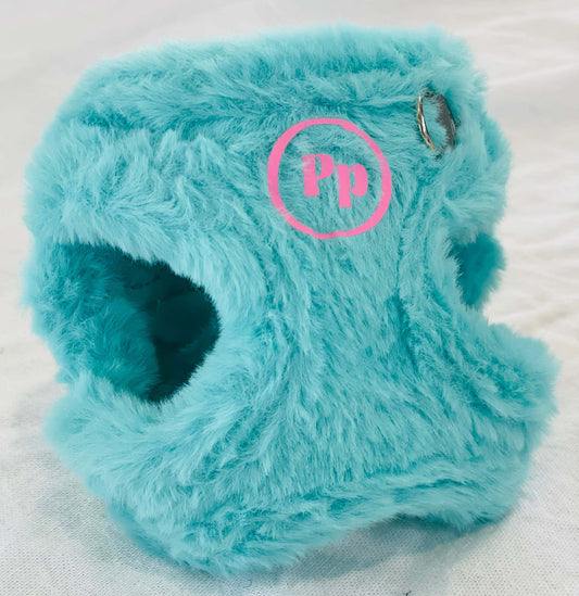 Soft blue fluffy chihuahua harness for puppies with secure fastenings and comfortable step-in design