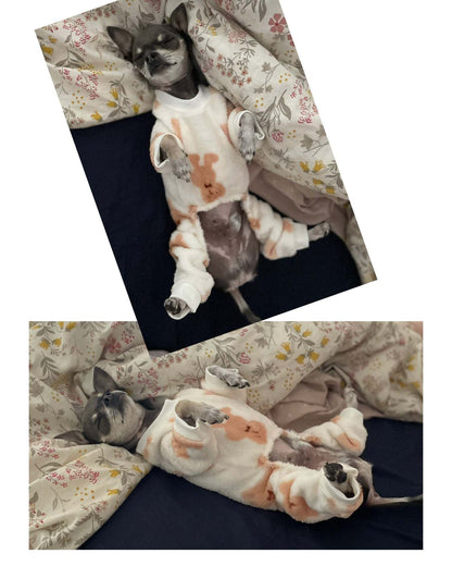 Adorable dog in soft fleece Puppy PJ’s, showing comfort and style.